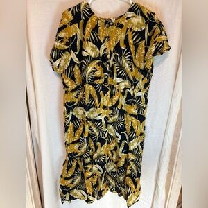 Wonderly Dress Yellow Black Tropical Print Womens L Scoop Neck Buttons Midi